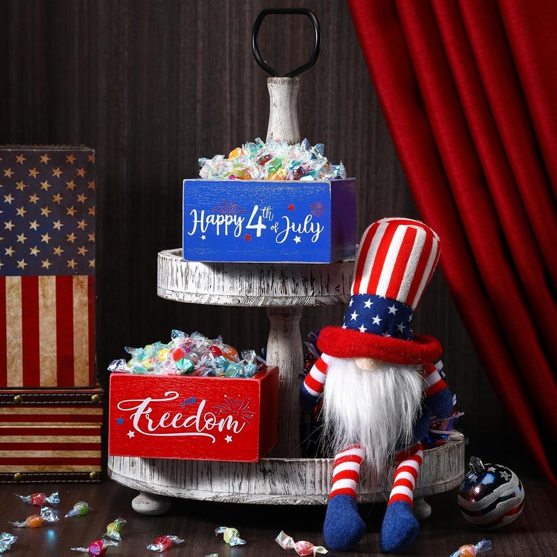 Vesici Vesici 2 Pcs 4th of July Candy Dish Patriotic Candy Bowl Red White and Blue Candy Wooden Dish Independence Day Wood Serving Bowl Happy 4th of July Star Bowls for Candy Tiered Tray Table Decoration  - Image 3