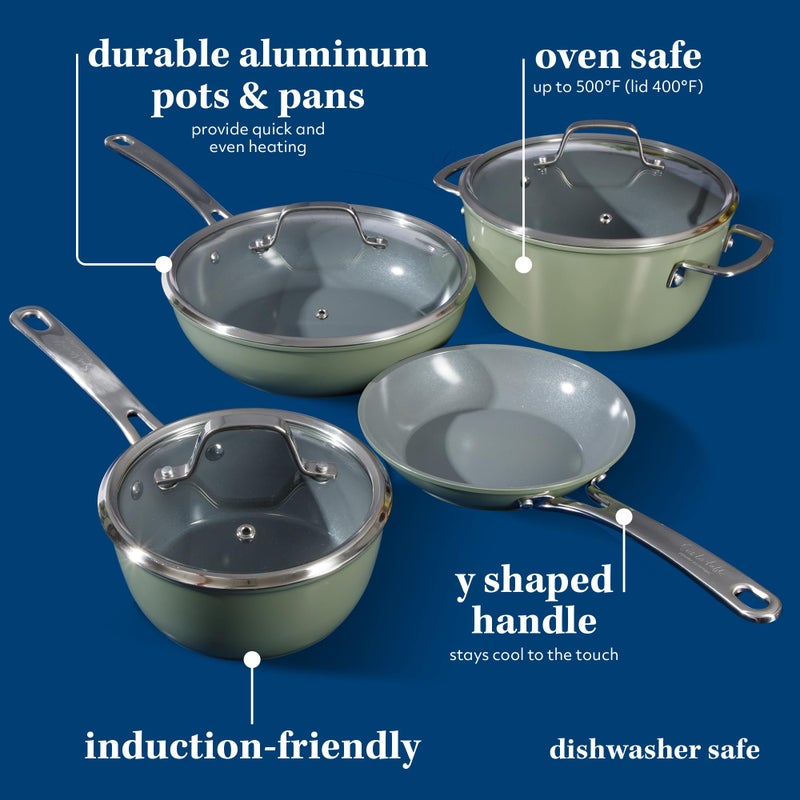 Sur La Table Kitchen Essentials 10 Piece PFA Free Non-Toxic Titanium Ceramic Nonstick Interior Forged Aluminum Cookware Pots and Pans Set - Green - Induction Compatible - Image 3