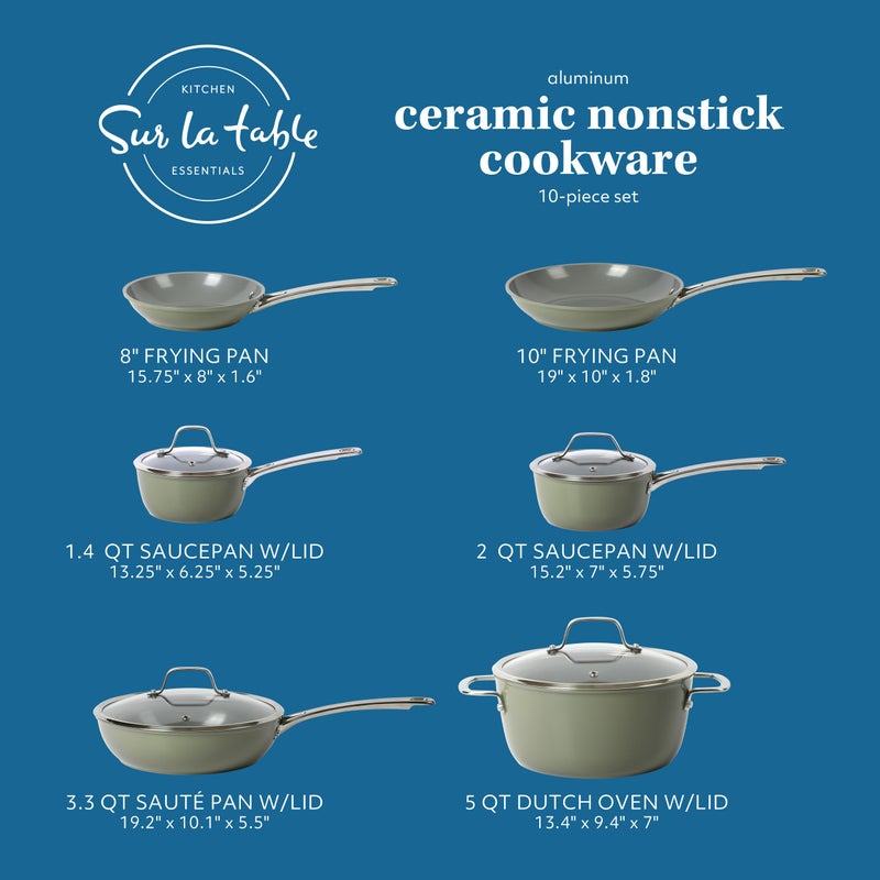 Sur La Table Kitchen Essentials 10 Piece PFA Free Non-Toxic Titanium Ceramic Nonstick Interior Forged Aluminum Cookware Pots and Pans Set - Green - Induction Compatible - Image 2