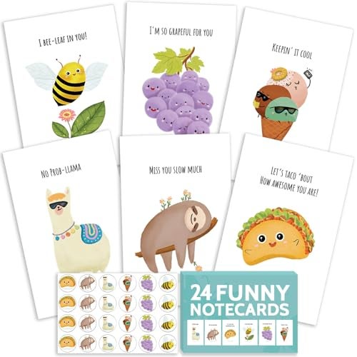 T MARIE 24 Funny Notecards and Envelopes Set - Blank Thinking of You Note Cards for Kids, Friends, Students, Camp Cards and More - Say Hello, Thank You or I Miss You with Funny Greeting Cards - Image 1