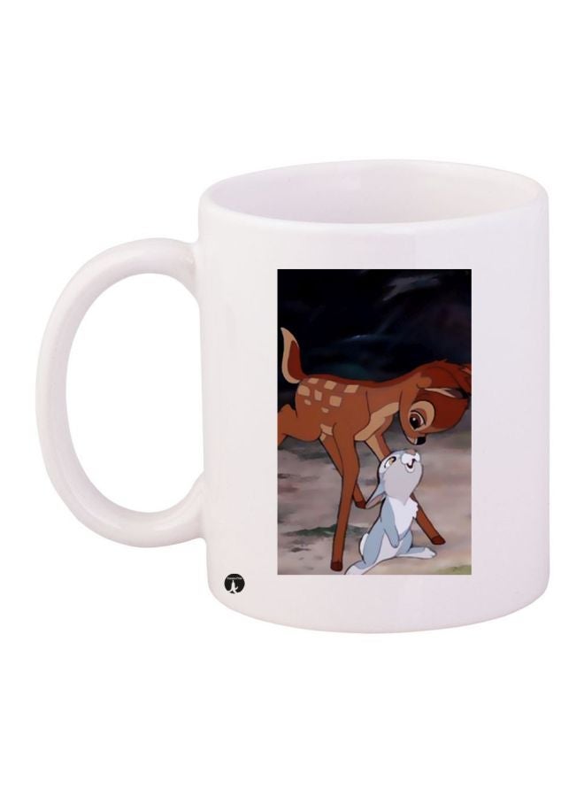 Cartoon Deer And Rabbit Printed Coffee Mug White/Brown/Blue 11ounce