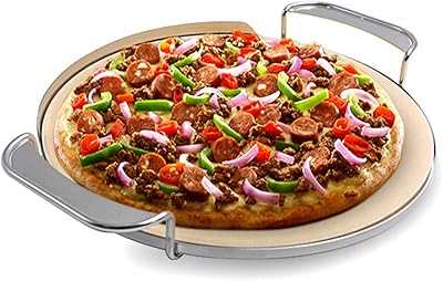 Skyflame Round Ceramic Pizza Baking Stone with Metal Handle Rack Compatible With Weber 8836 Gourmet BBQ System, - Image 1