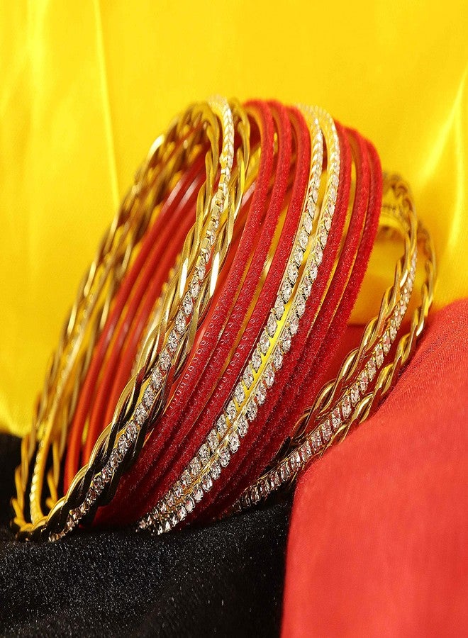 NMII Gold Plated Metal Velvet Bangles Set For Women & Girls with Zircon Gemstone Studded | Traditional Women's Bangles | Designer Gold Bangles | Fashion Jewellery- Set of 28-(F120_Red-2.4) - Image 3