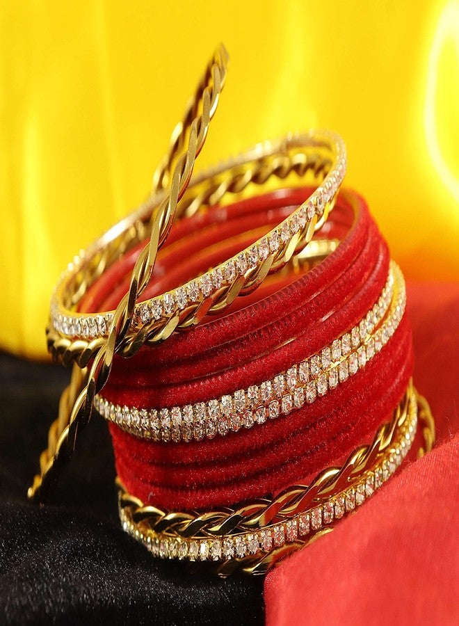 NMII Gold Plated Metal Velvet Bangles Set For Women & Girls with Zircon Gemstone Studded | Traditional Women's Bangles | Designer Gold Bangles | Fashion Jewellery- Set of 28-(F120_Red-2.4) - Image 4