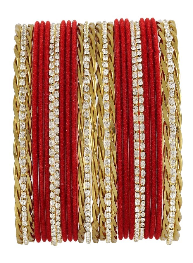 NMII Gold Plated Metal Velvet Bangles Set For Women & Girls with Zircon Gemstone Studded | Traditional Women's Bangles | Designer Gold Bangles | Fashion Jewellery- Set of 28-(F120_Red-2.4) - Image 1