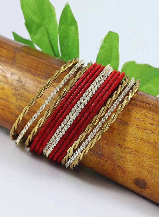 NMII Gold Plated Metal Velvet Bangles Set For Women & Girls with Zircon Gemstone Studded | Traditional Women's Bangles | Designer Gold Bangles | Fashion Jewellery- Set of 28-(F120_Red-2.4) - Image 5