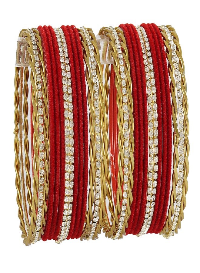 NMII Gold Plated Metal Velvet Bangles Set For Women & Girls with Zircon Gemstone Studded | Traditional Women's Bangles | Designer Gold Bangles | Fashion Jewellery- Set of 28-(F120_Red-2.4) - Image 2
