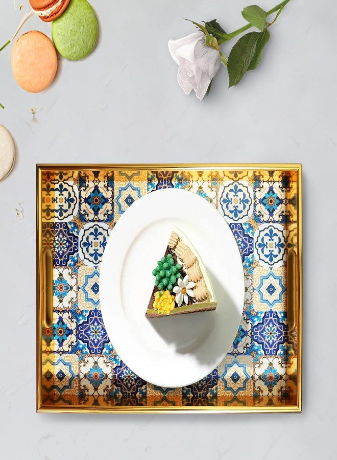 KEQAM Morocco Gold Decorative Tray Set of 2, Plastic Serving Tray with Handles, Rectangular Coffee Table Tray, Nesting Trays for Living Room, Bathroom, Ottoman - Image 3