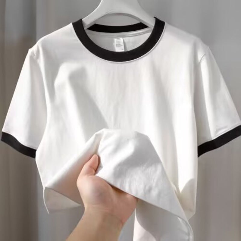 Foreign Trade Real Shot Stitching Contrast Color Round Neck Short-sleeved T-shirt Women's Summer Loose Slimming Cotton Base Shirt Top T-shirt - Image 2