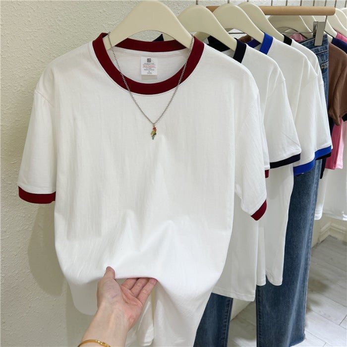 Foreign Trade Real Shot Stitching Contrast Color Round Neck Short-sleeved T-shirt Women's Summer Loose Slimming Cotton Base Shirt Top T-shirt - Image 4