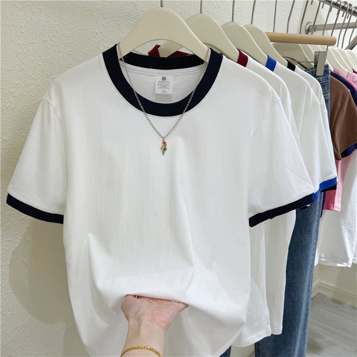 Foreign Trade Real Shot Stitching Contrast Color Round Neck Short-sleeved T-shirt Women's Summer Loose Slimming Cotton Base Shirt Top T-shirt - Image 3