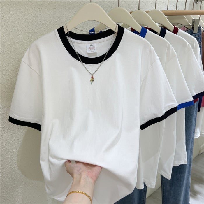 Foreign Trade Real Shot Stitching Contrast Color Round Neck Short-sleeved T-shirt Women's Summer Loose Slimming Cotton Base Shirt Top T-shirt - Image 5