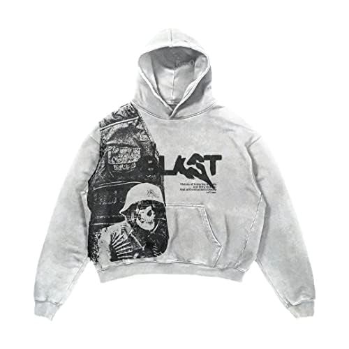 Obenie Retro Y2K Hoodie Gothic Casual Alphabet Blast Print Pattern Skull Fashion Hoodie Men Harajuku Men Clothing (white,L,Large) - Image 2