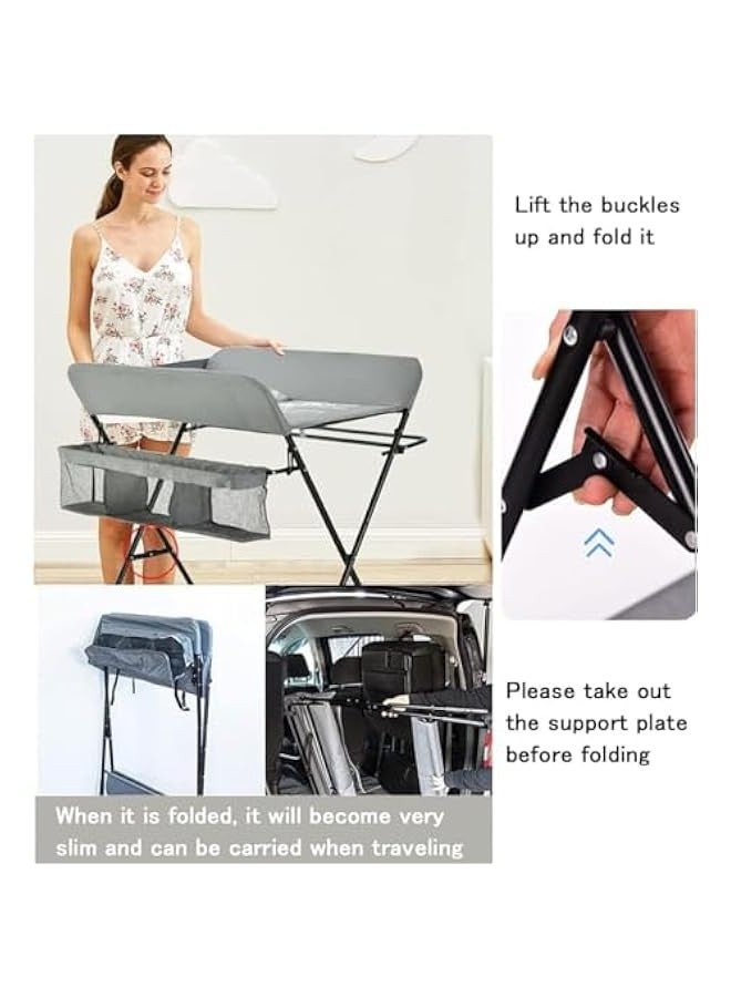 Beauenty Baby Changing Table with Wheels,Portable Adjustable Height Folding Diaper Station with Nursery Organizer & Storage Rack for Newborn Baby Infant (Grey) - Image 2