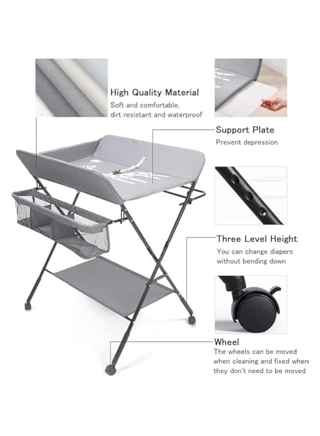 Beauenty Baby Changing Table with Wheels,Portable Adjustable Height Folding Diaper Station with Nursery Organizer & Storage Rack for Newborn Baby Infant (Grey) - Image 3