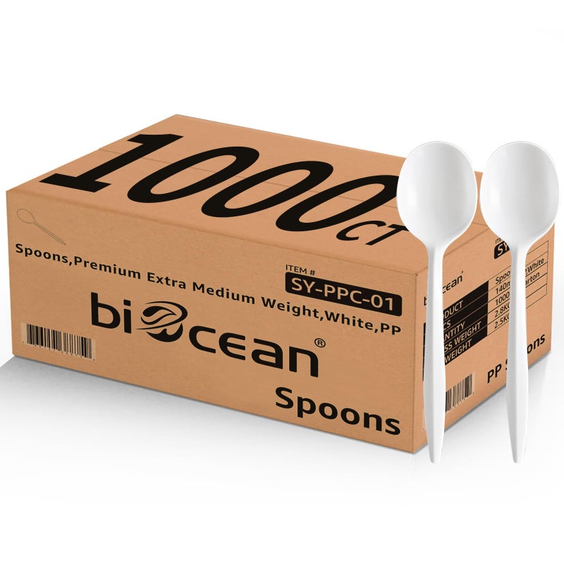 biocean 1000PCS Disposable Plastic Spoons Silverware Bulk Soup Spoon White Reusable Heavy Duty Disposable Cutlery Plastic Utensils Flatware for Home Restaurant Party Picnic Camping Travel (Soup Spoon-1000pcs) - Image 1