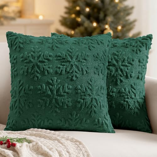 MIULEE Christmas Dark Green Throw Pillow Covers Snowflakes Decorative 1818 Inch Faux Wool Winter Festival Couch Pillow Covers Set of 2 Farmhouse Holiday Home Decors for Sofa Livingroom Bed - Image 1