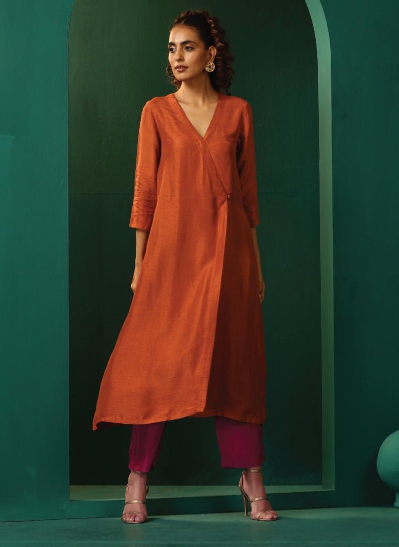 trueBrowns Rust Silk Angrakha Kurta Pant Set - Image 1