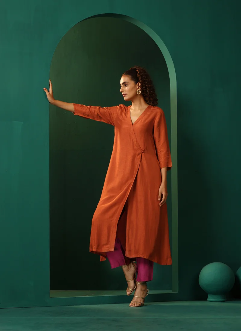 trueBrowns  trueBrowns Rust Silk Angrakha Kurta Pant Set for Women | Best Price UAE