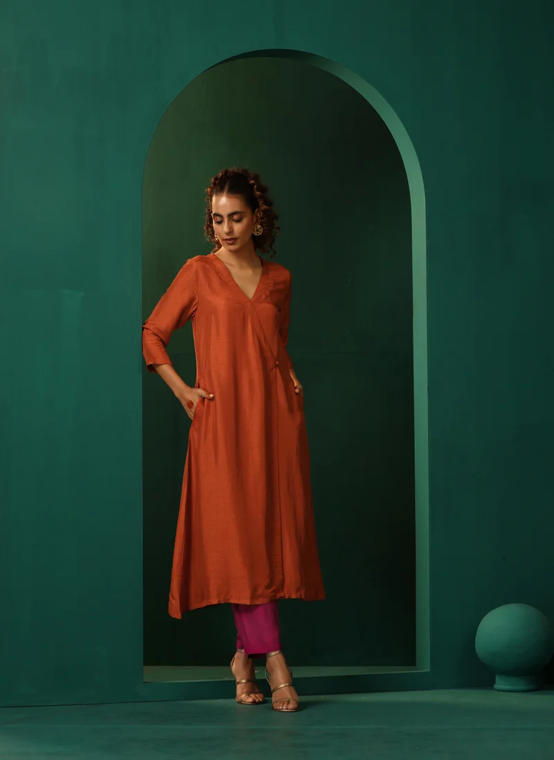 trueBrowns  trueBrowns Rust Silk Angrakha Kurta Pant Set for Women | Best Price UAE