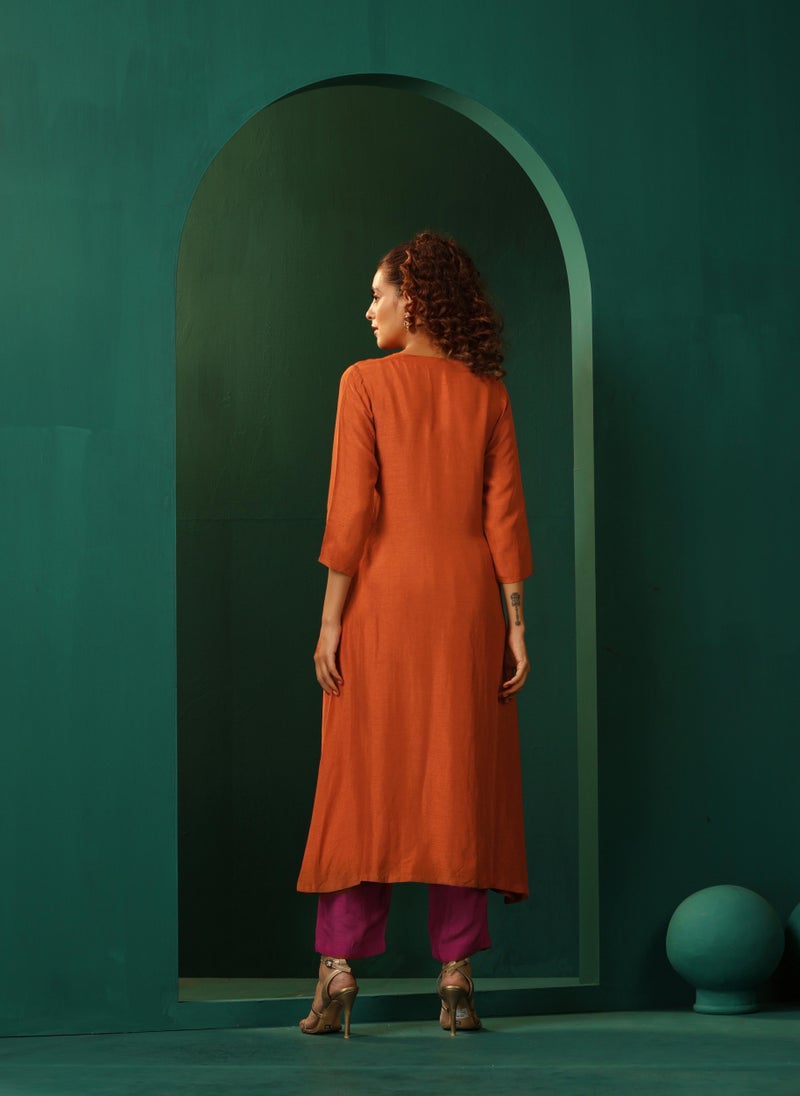 trueBrowns Rust Silk Angrakha Kurta Pant Set - Image 2