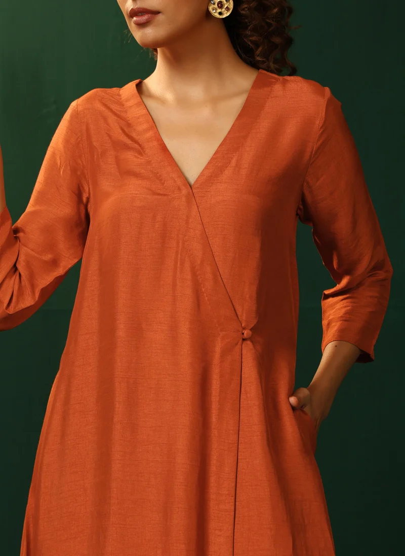 trueBrowns  trueBrowns Rust Silk Angrakha Kurta Pant Set for Women | Best Price UAE