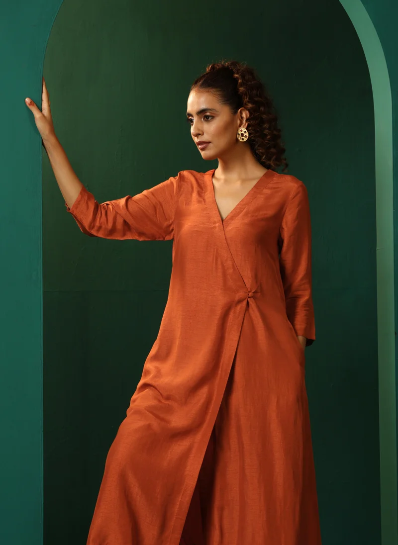 trueBrowns  trueBrowns Rust Silk Angrakha Kurta Pant Set for Women | Best Price UAE