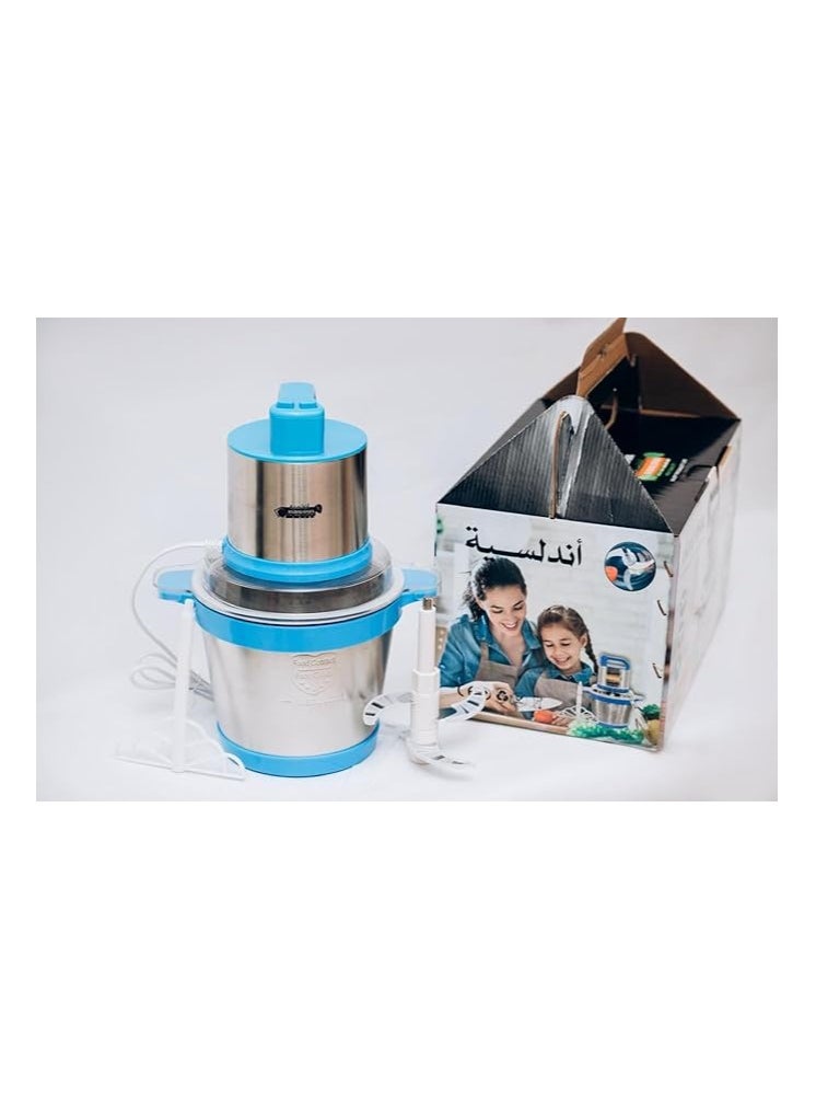 Two-speed Andalusian electric meat grinder and slicer, made of stainless steel, equipped with a powerful motor and safety function, capacity of 6 liters, 2200 watts, suitable for meat, fruits and vege