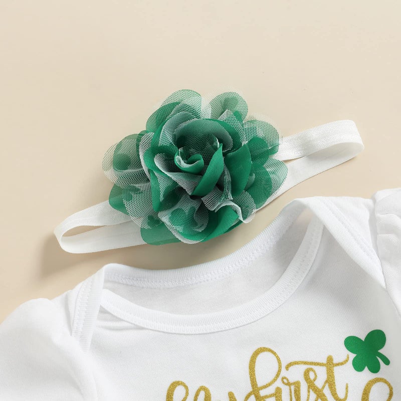 Rtnnsbbfcm Newborn Baby Girl My 1st St. Patrick's Day Outfit Short Sleeve Letter Tutu Romper Dress Headband 2Pcs Set (3-6 Months,Letter) - Image 4