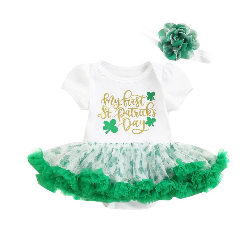 Rtnnsbbfcm Newborn Baby Girl My 1st St. Patrick's Day Outfit Short Sleeve Letter Tutu Romper Dress Headband 2Pcs Set (3-6 Months,Letter) - Image 1