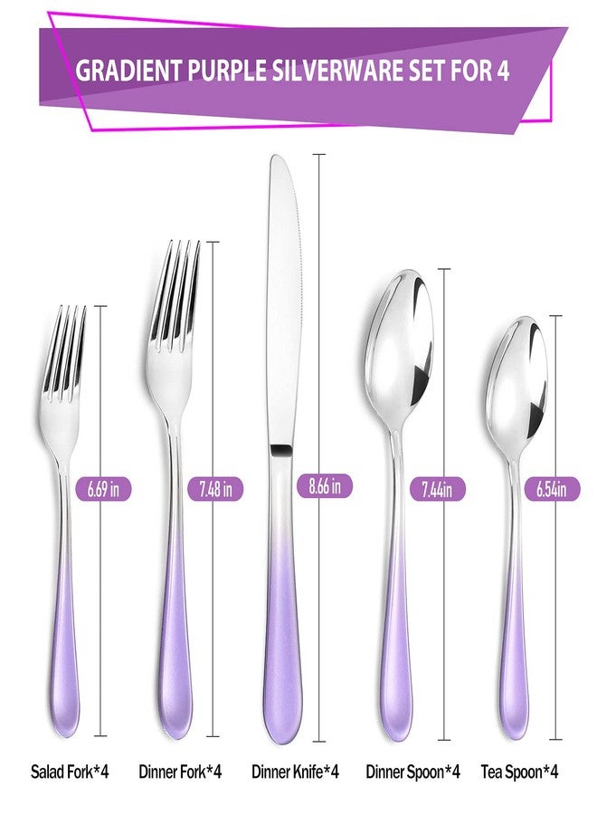 BEGEEL Gradient Purple Silverware set for 4,Stainless Steel Flatware Set,20 Piece Tableware Cutlery Set,Mirror Polished Utensils Sets for Kitchen,Reusable Dinnerware Sets Service for 4,Dishwasher Safe - Image 2