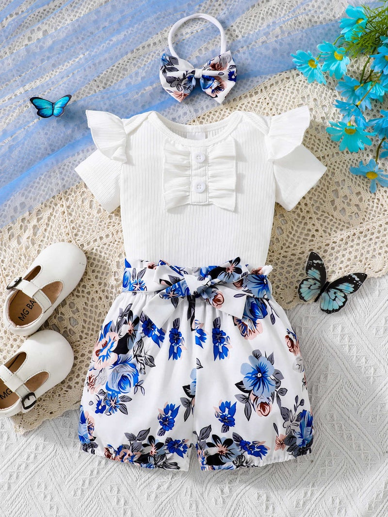Floral Summer Romper Suit for Girls Baby Clothes Set with Scarf European And American Style Polyester Fabric Infant Outfit White: 9-12M 