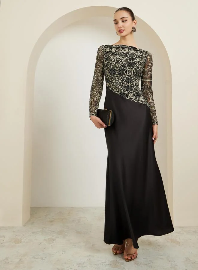 Black Asymmetric Lace Satin Maxi Dress
