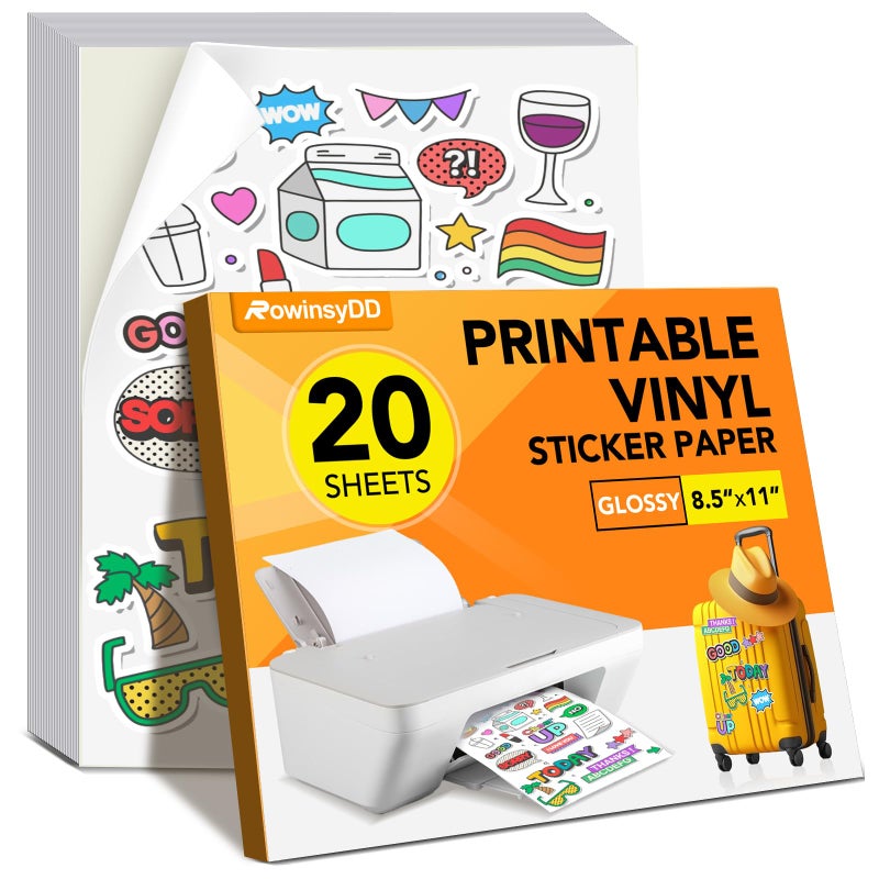 RowinsyDD 20 PCS Sticker Paper for Inkjet Printer, Printable Vinyl Sticker Paper Dries Quickly Vivid Colors, 8.5"x11" Tear Resistant Printable Vinyl, Glossy White, Inkjet & Laser Printer - Image 1