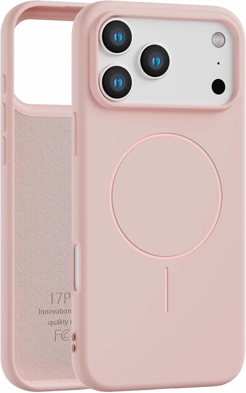 سيليكون غطاء سيليكون مغناطيسي فاخر لهاتف iPhone 17 Pro Max وردي اللون متوافق مع سلسلة iPhone - مقاوم للصدمات، نحيف، ناعم الملمس مع دعم الشحن اللاسلكي المغناطيسي - Image 1