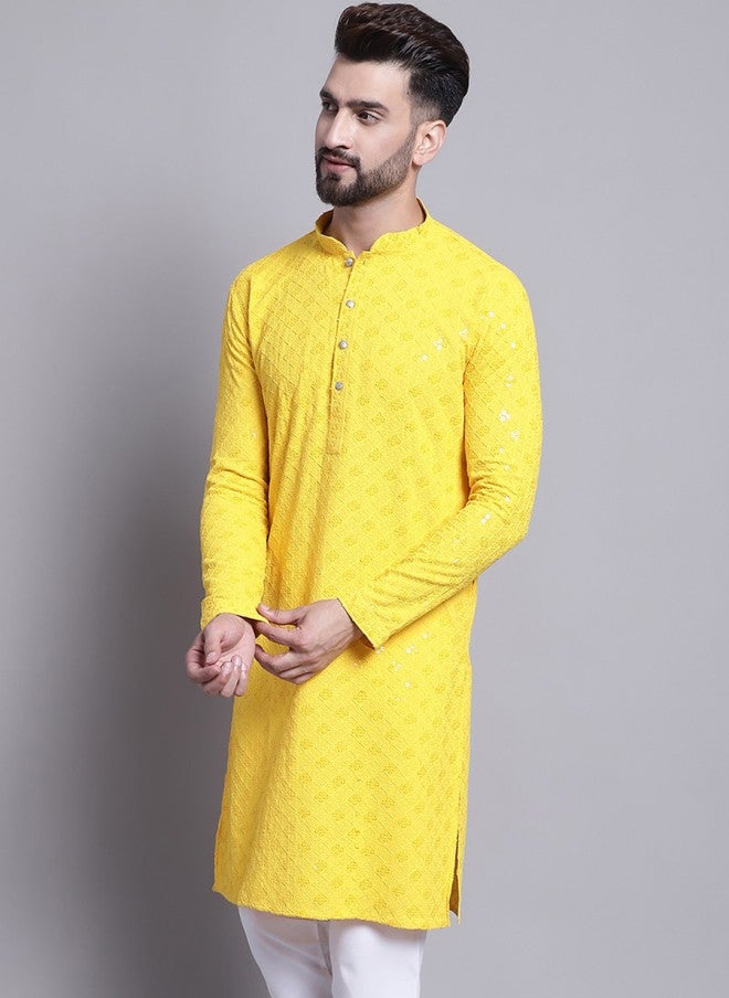 Sojanya Yellow Geometric Embroidered Cotton Kurta for Men - Image 1