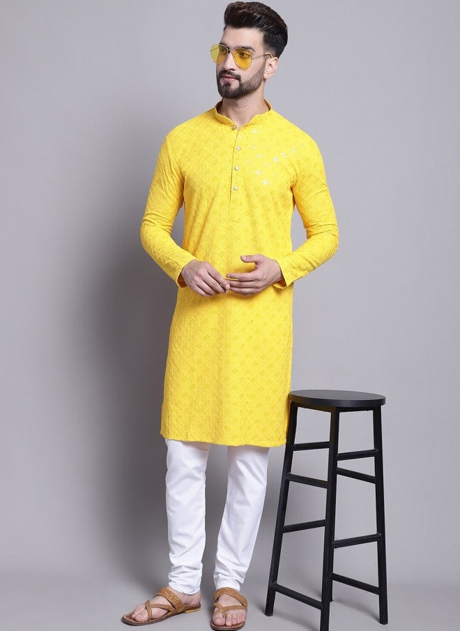 Sojanya Yellow Geometric Embroidered Cotton Kurta for Men - Image 5