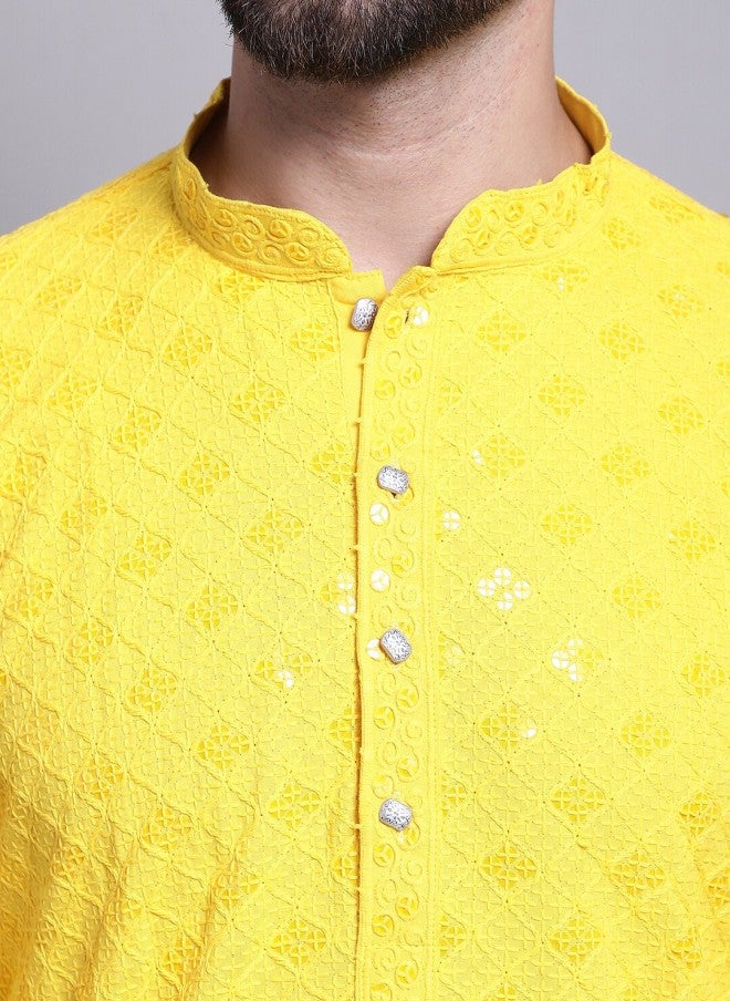 Sojanya Yellow Geometric Embroidered Cotton Kurta for Men - Image 2