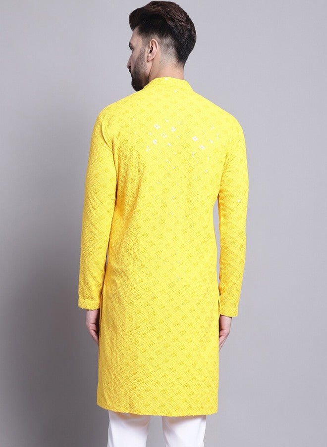 Sojanya Yellow Geometric Embroidered Cotton Kurta for Men - Image 4