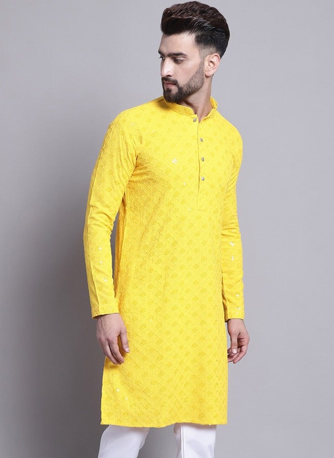 Sojanya Yellow Geometric Embroidered Cotton Kurta for Men - Image 3