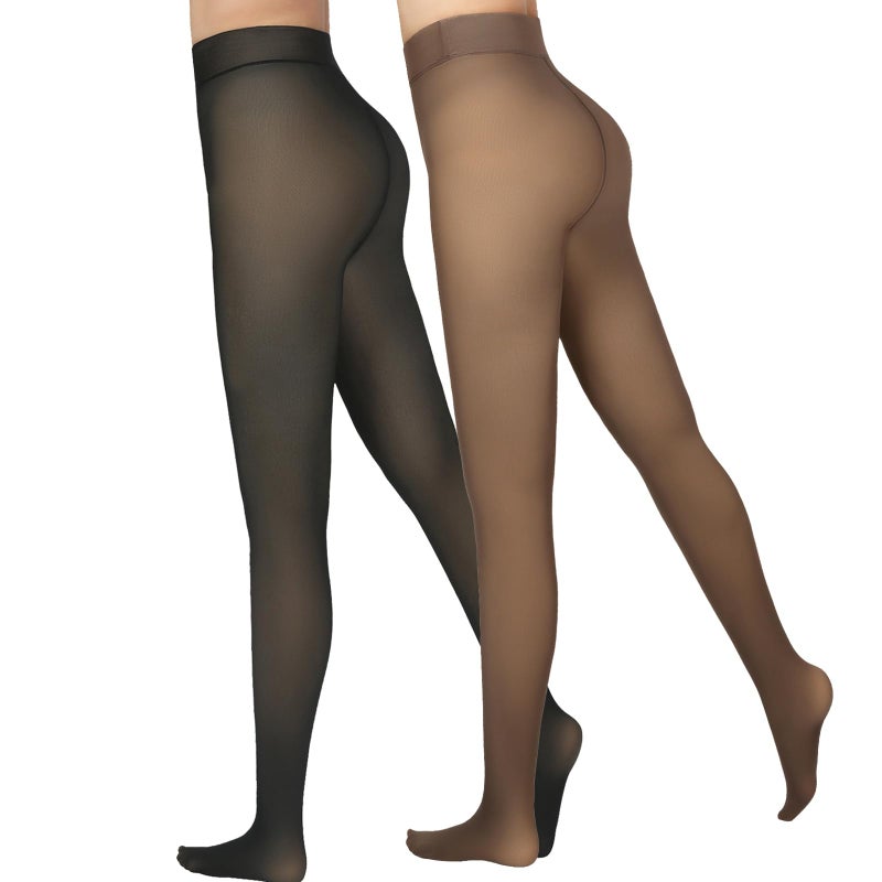 Delcast 2 Pairs Fleece Lined Tights Womenï¼ŒFake Translucent Thermal Sheer Thick Pantyhose Leggings for Winter - Image 1