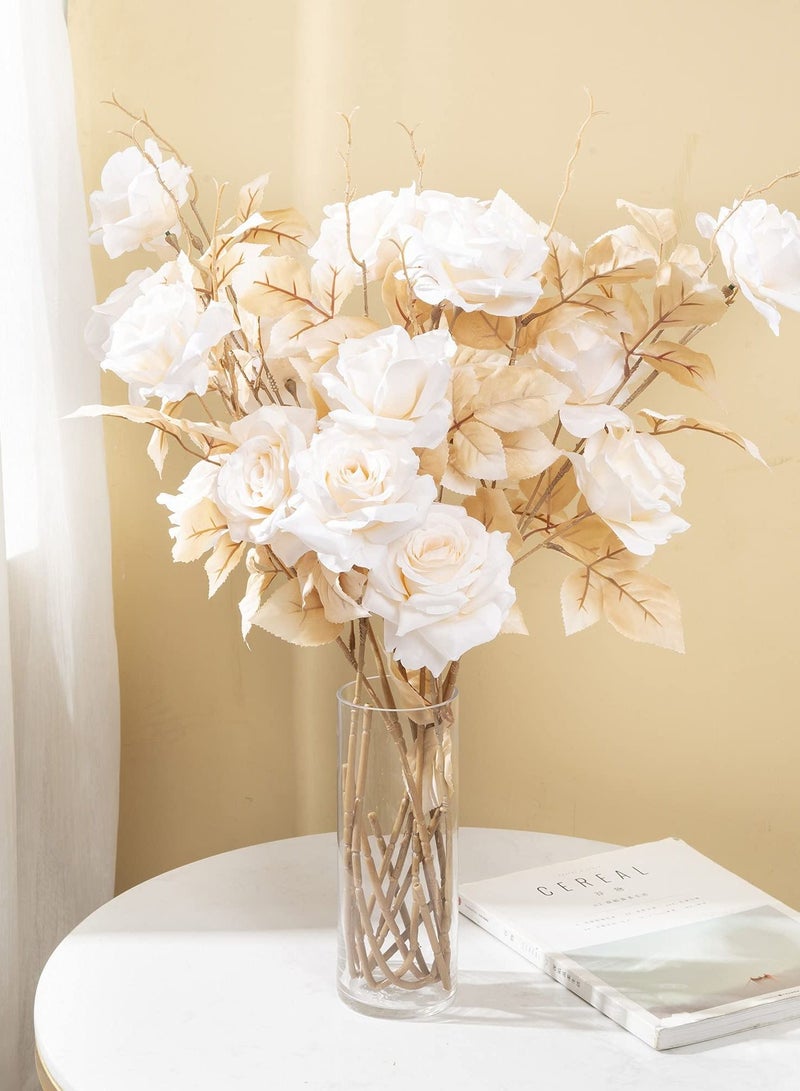 Y&D Artificial Flowers Roses Fake Silk Real Looking with Stems for DIY Wedding Bouquets Centerpieces Arrangements Party Home Decorations and Outdoors (4pcs White) - Image 2