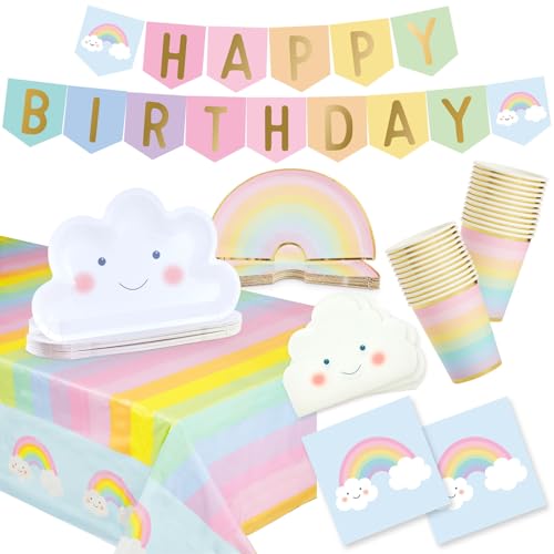 BLUE PANDA Rainbow Party Decorations Set  99Piece Set Serves 24 Pastel Rainbow  Cloud Theme  Includes Cloud Plates  Multicolor Plates  Napkins  Happy Birthday Banner