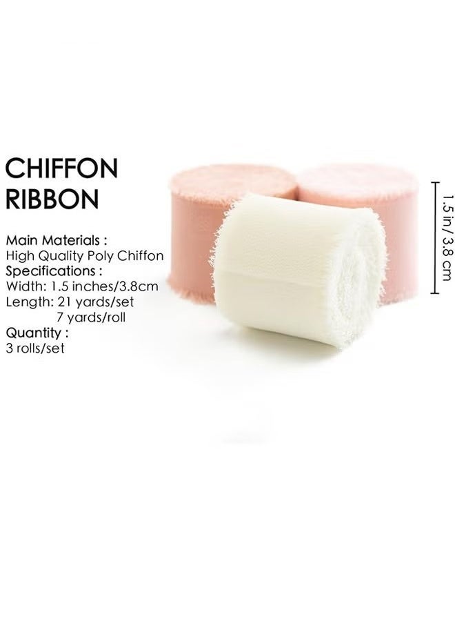 شريط شيفون مزخرف يدويًا - 3 لفات من شريط أبيض وجملي، مقاس 4 سم × 5 م، لدعوات الزفاف/باقات الزفاف/تغليف الهدايا/الحرف اليدوية - Image 2