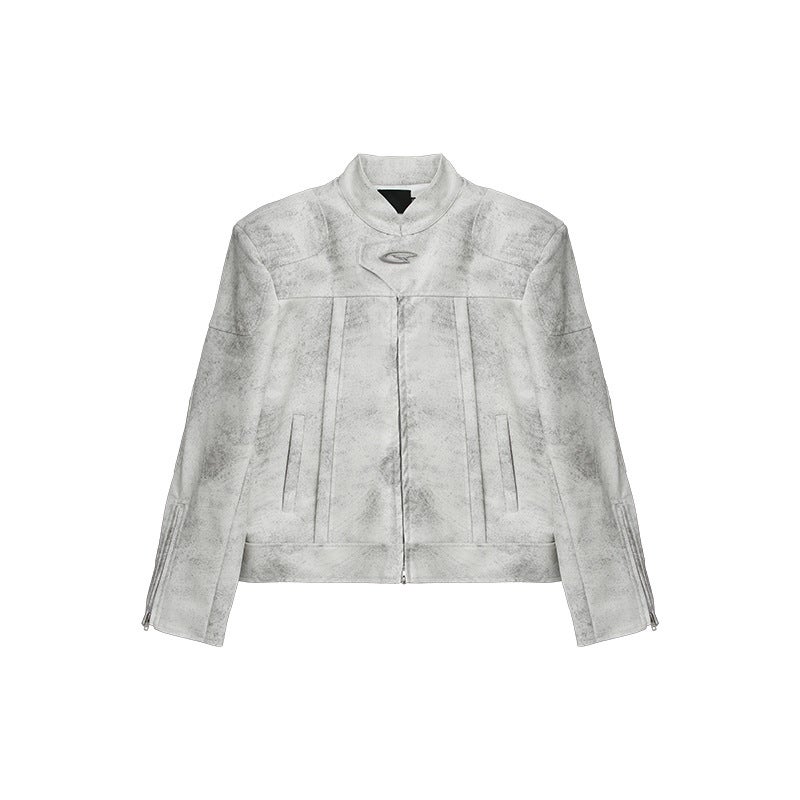 Generic 2024 Autumn and Winter Niche High-end Collar Motorcycle Leather Jacket Mens Loose Short Shoulder Pad Jacket Couples Coat Gray [with shoulder pads]