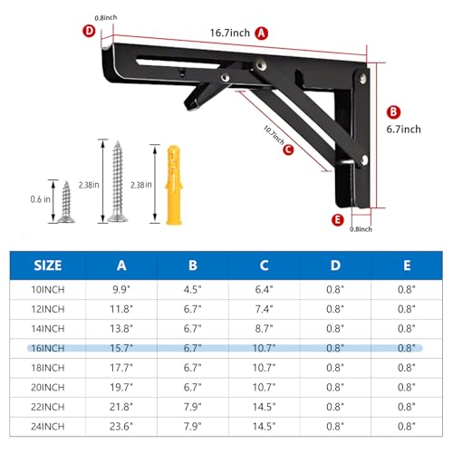 AUTOHJ Folding Shelf Bracket 16 inch 2PC Wall Mounted Collapsible Shelves Brackets Heavy Duty Foldable Workbench Bracket DIY Wall Table Hinges for RV Countertop Extension Gargage Workstation Table Supports - Image 3