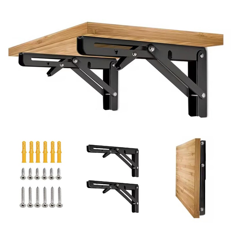 AUTOHJ Folding Shelf Bracket 16 inch 2PC Wall Mounted Collapsible Shelves Brackets Heavy Duty Foldable Workbench Bracket DIY Wall Table Hinges for RV Countertop Extension Gargage Workstation Table Supports - Image 2