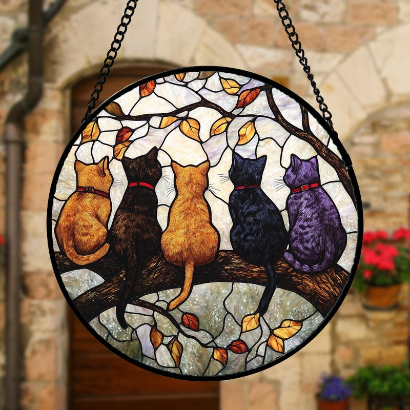 DASTOLL Stained Glass Window Hanging - 5 Cats on a Branch Suncatcher for Window Doors Home Decoration and Christmas, Mother's Day Father's Day Birthday Gifts for Women, Men, and Mom 6.3x6.3 in - Image 5