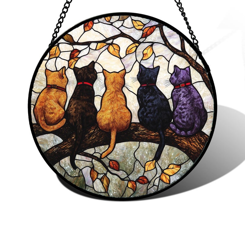 DASTOLL Stained Glass Window Hanging - 5 Cats on a Branch Suncatcher for Window Doors Home Decoration and Christmas, Mother's Day Father's Day Birthday Gifts for Women, Men, and Mom 6.3x6.3 in - Image 1
