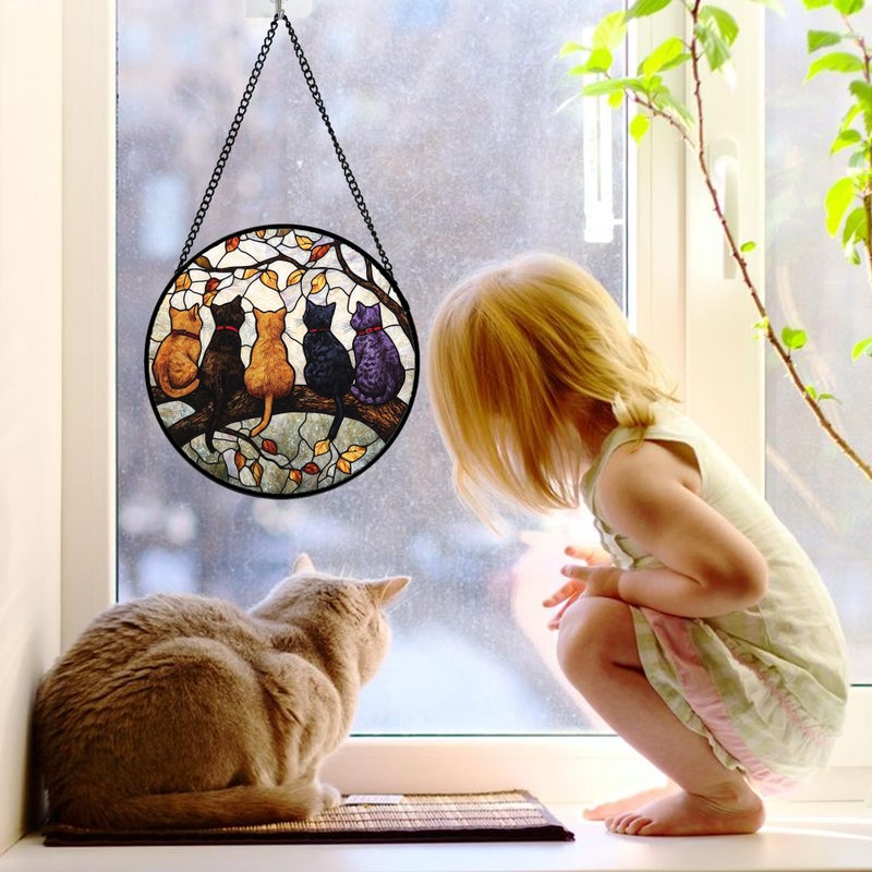 DASTOLL Stained Glass Window Hanging - 5 Cats on a Branch Suncatcher for Window Doors Home Decoration and Christmas, Mother's Day Father's Day Birthday Gifts for Women, Men, and Mom 6.3x6.3 in - Image 4